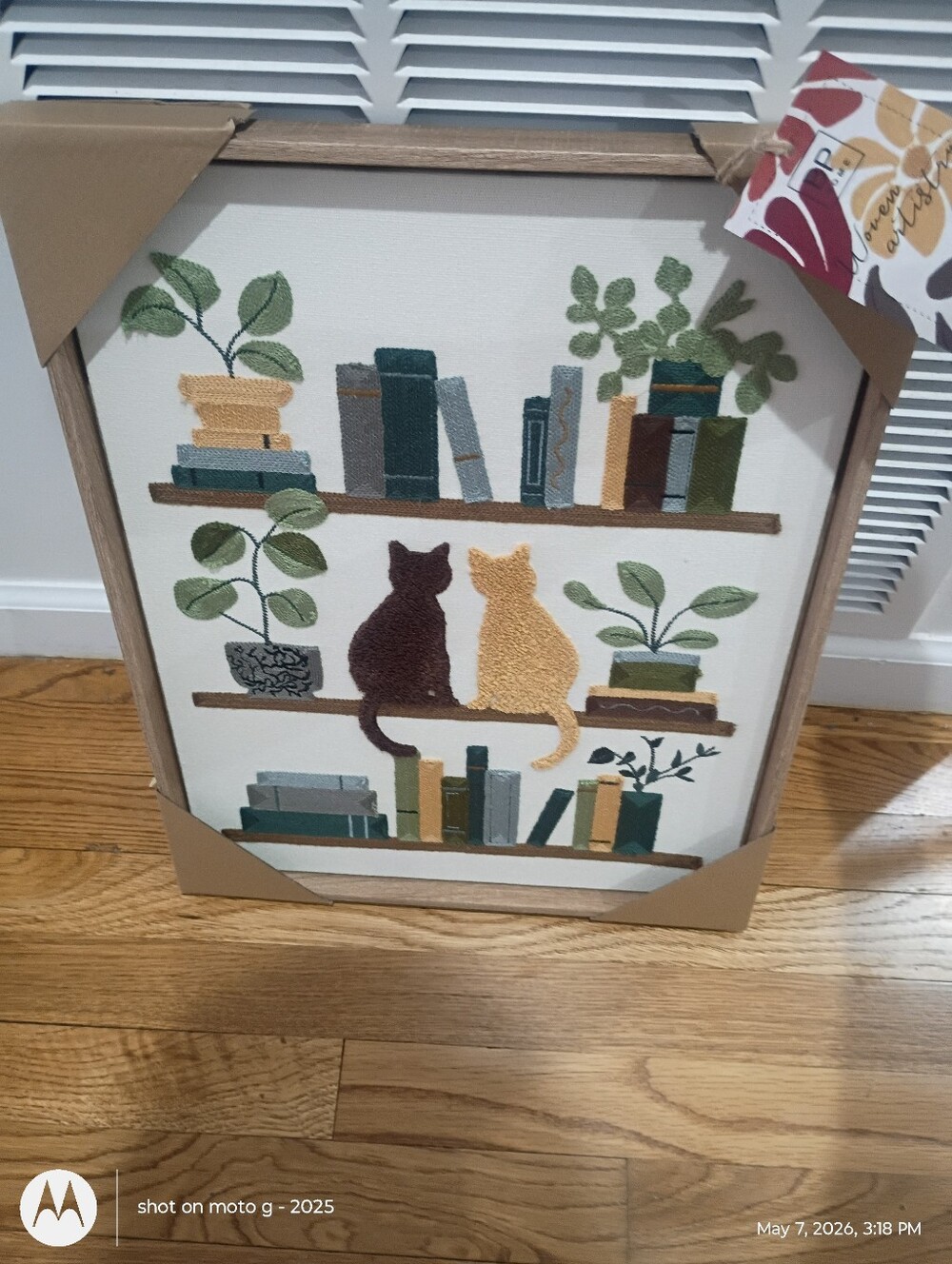 BP Home Embroidered Woven Cats Window Plants Books Wall Art